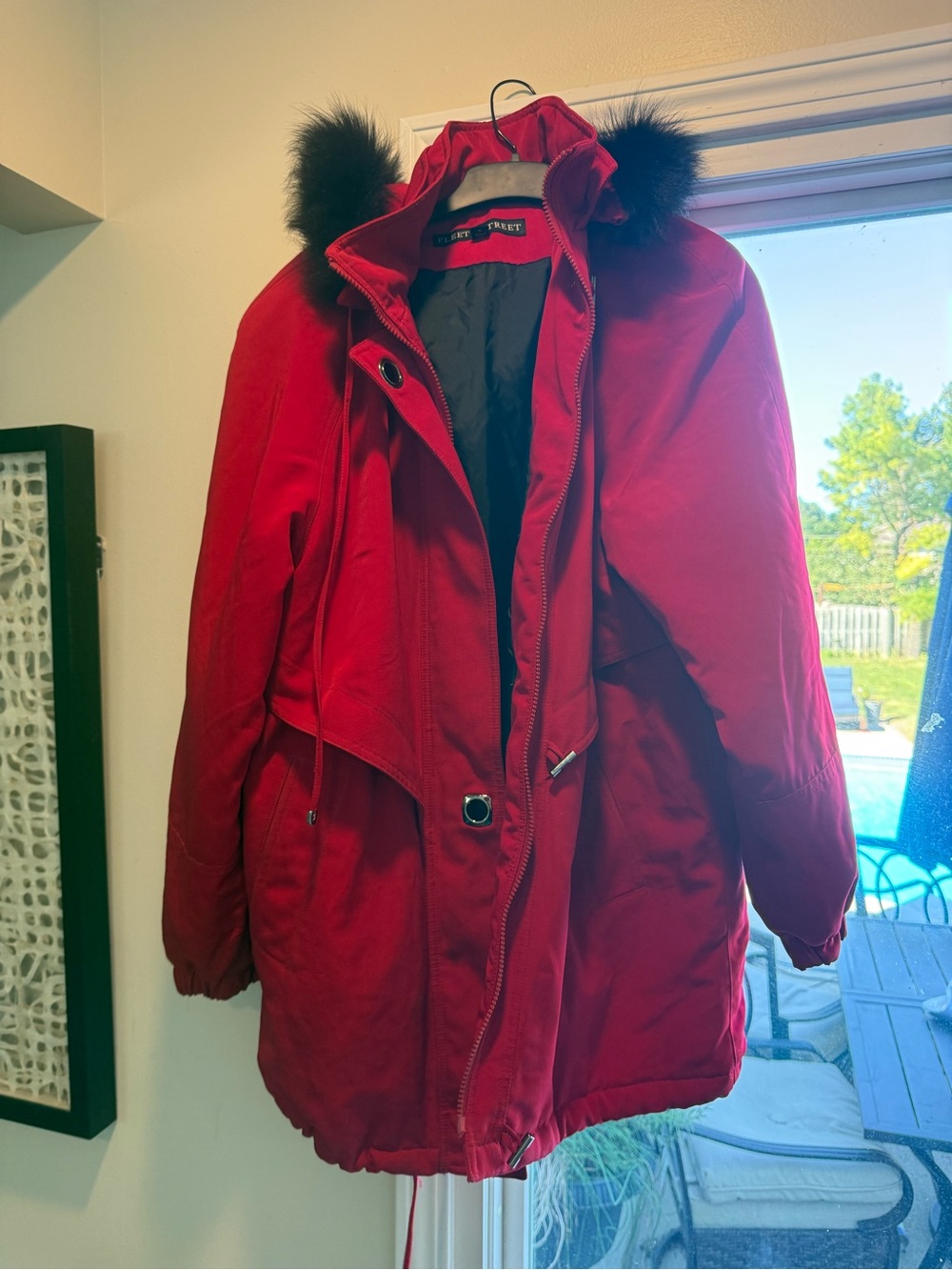 Women's Red Parka Coat with Faux Fur Trim